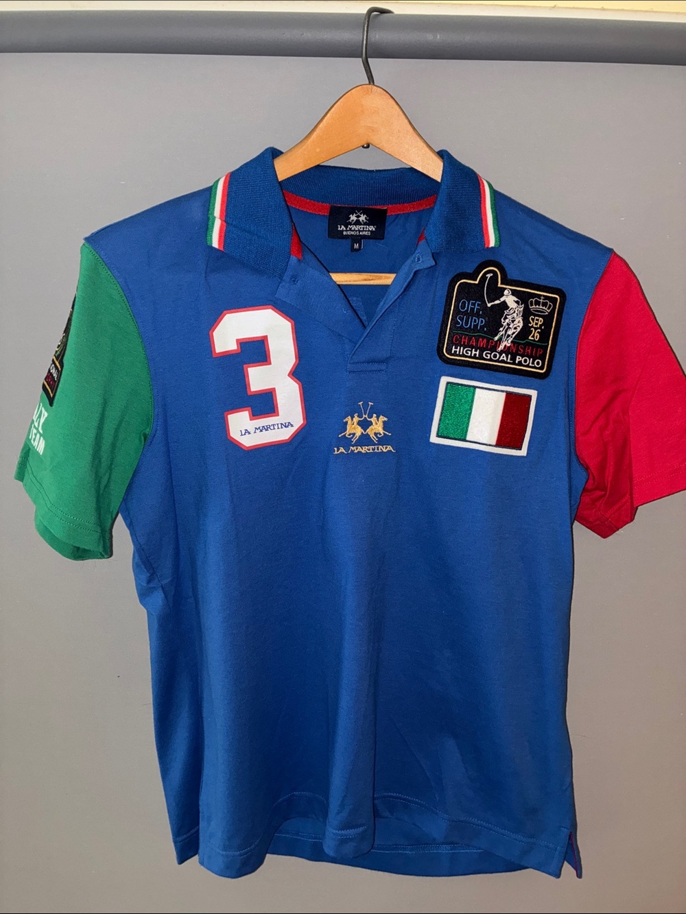 La Martina Men's M Blue Italian Flag Polo with  Sleeve Accents / Patches